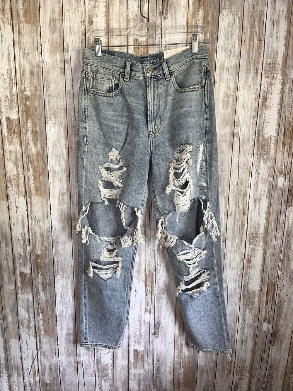 American Eagle Mom Jeans Size 6 Blown Out Blue Distressed Ripped NWT